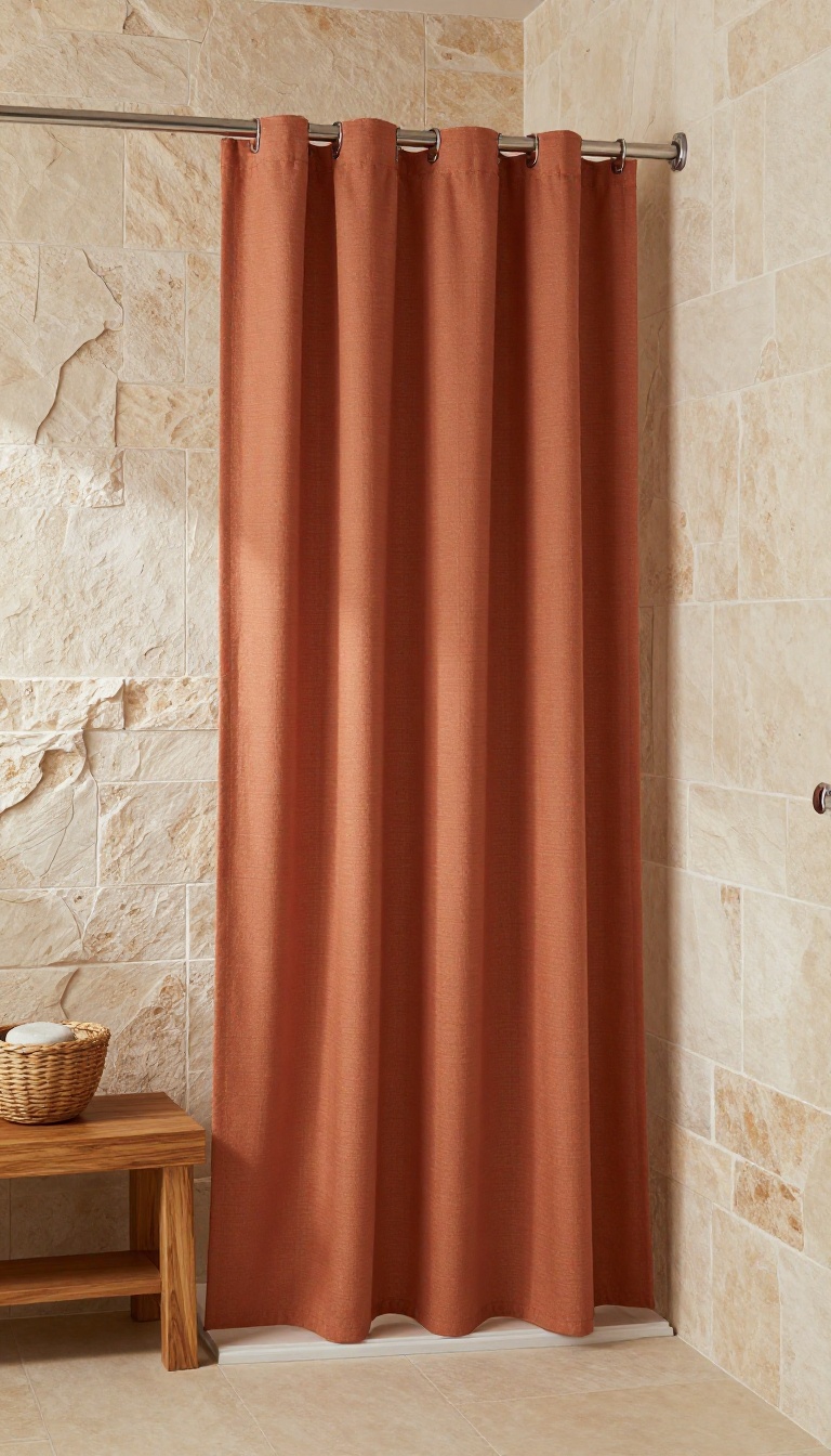 Walk-in shower with a terracotta textured shower curtain, natural stone and teak accents, and soft natural light.