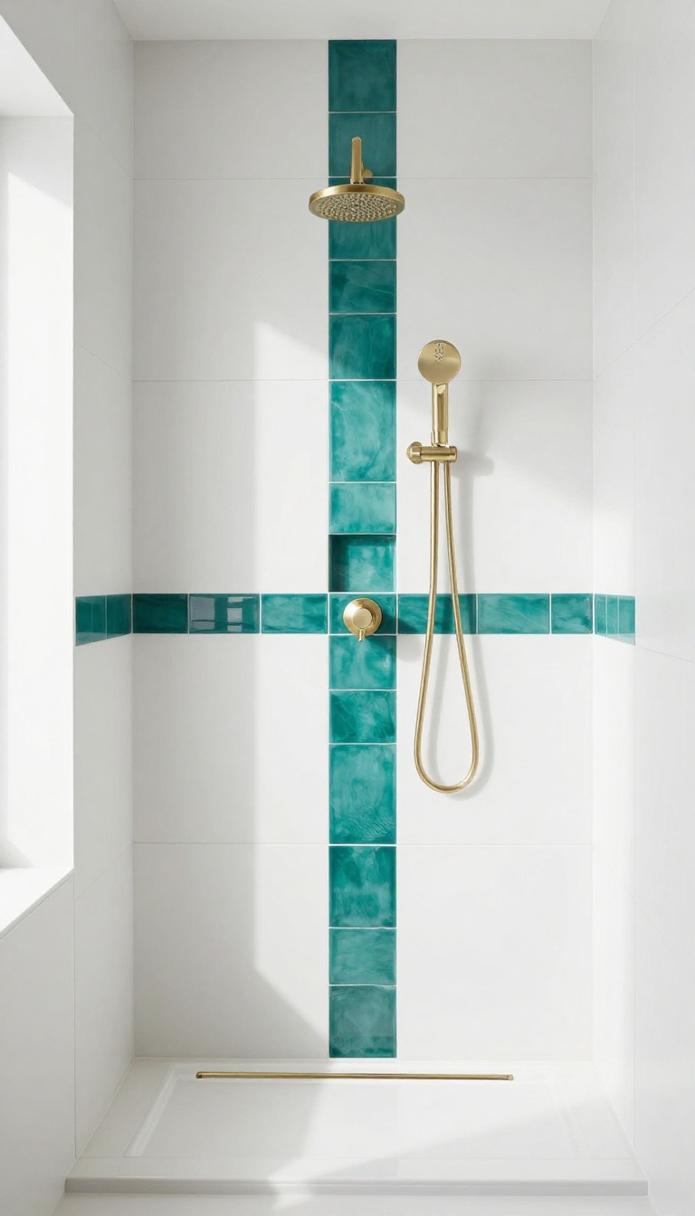 Modern shower stall with a teal glass mosaic accent stripe across white matte tile walls, aligned with brass fixtures and a tiled niche
