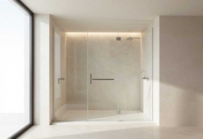 Walk-in onyx shower with backlit panels in a modern bathroom