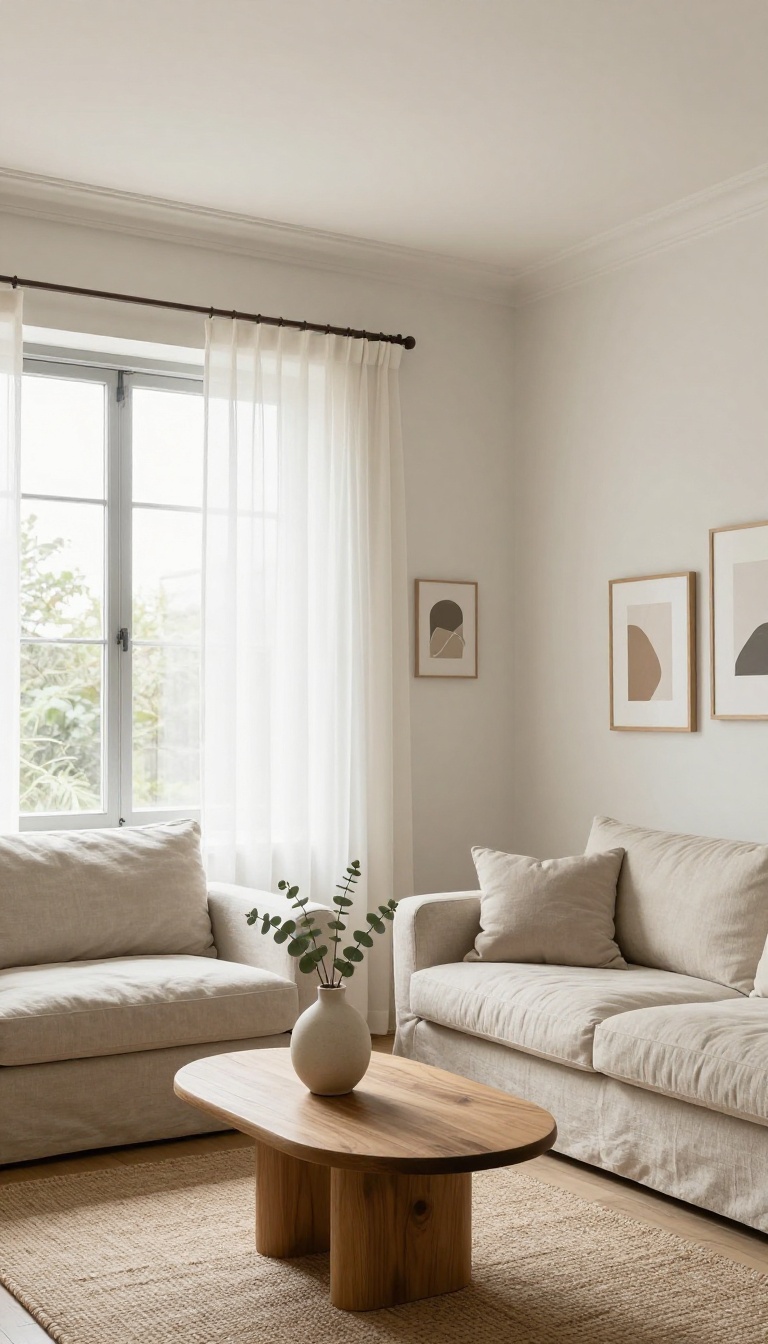 Small bright living room with slim white crown molding painted to match the ceiling, neutral sofa, round coffee table, and natural light