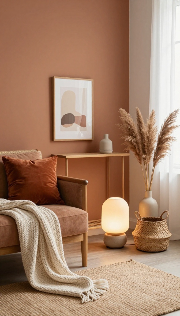 Warm-toned entry living room with a terracotta accent wall, woven bench, jute rug, velvet cushion, knit throw, and ceramic lamp styled with layered textures