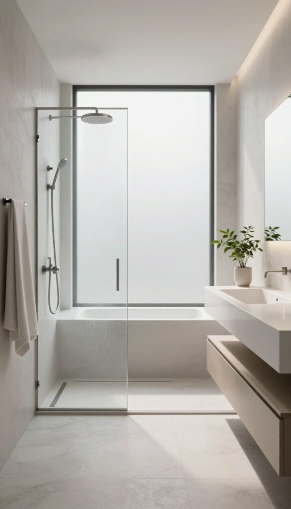 Modern bathroom with walk-in shower and smart glass window showing frosted effect for privacy