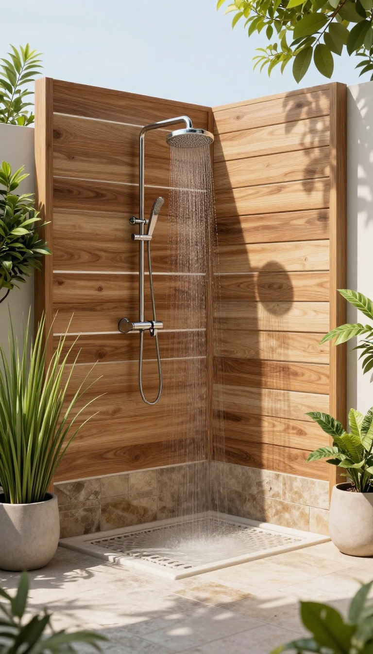 Outdoor pool shower with a wooden privacy screen and plants, creating a private spa-like nook.