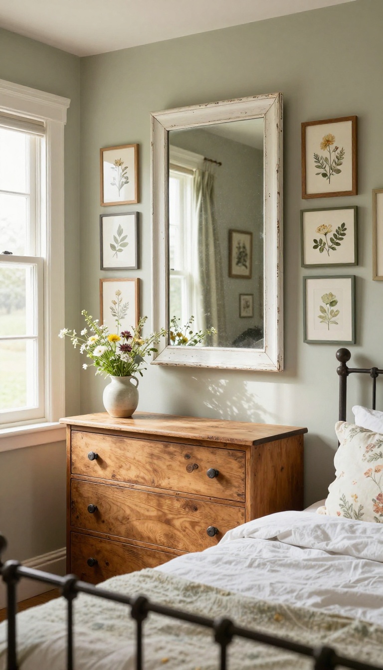 Cozy English cottage bedroom wall with a vintage chippy-framed mirror above a wooden dresser and a gallery of mismatched framed botanical prints in soft natural light