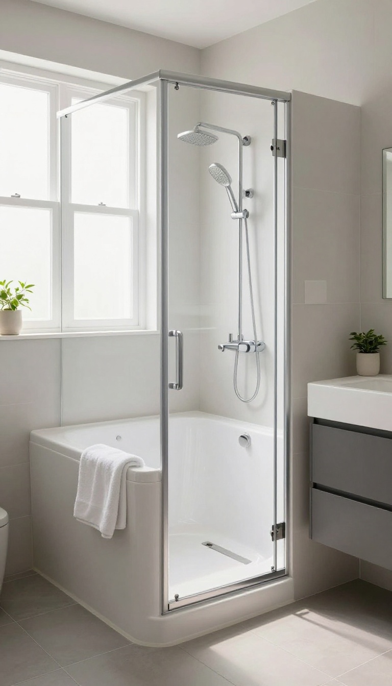 Small bathroom with a walk-in tub featuring a built-in seat and handheld showerhead