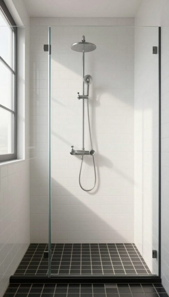 Black and white basketweave tile floor in a modern shower with white subway tile walls and natural light.
