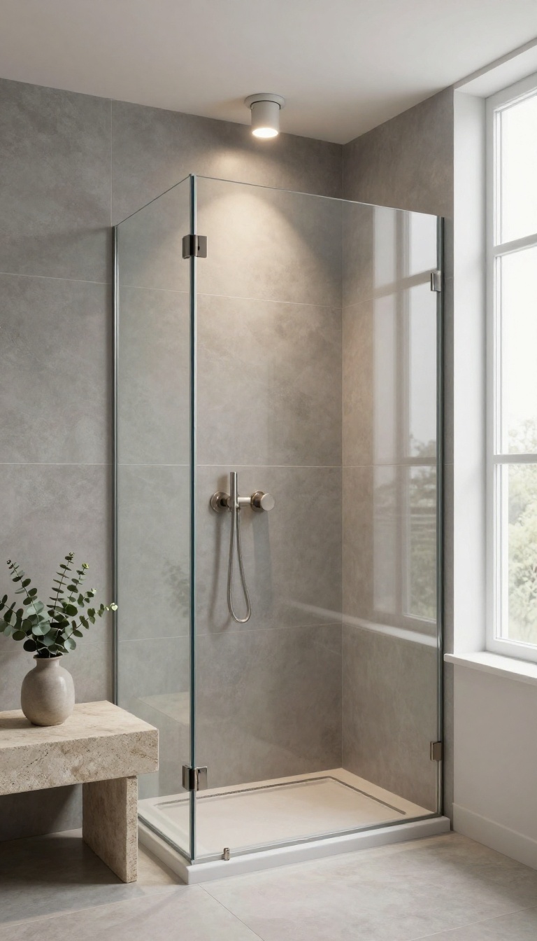 Recessed adjustable ceiling spotlight aimed at a shower bench in a bright modern bathroom