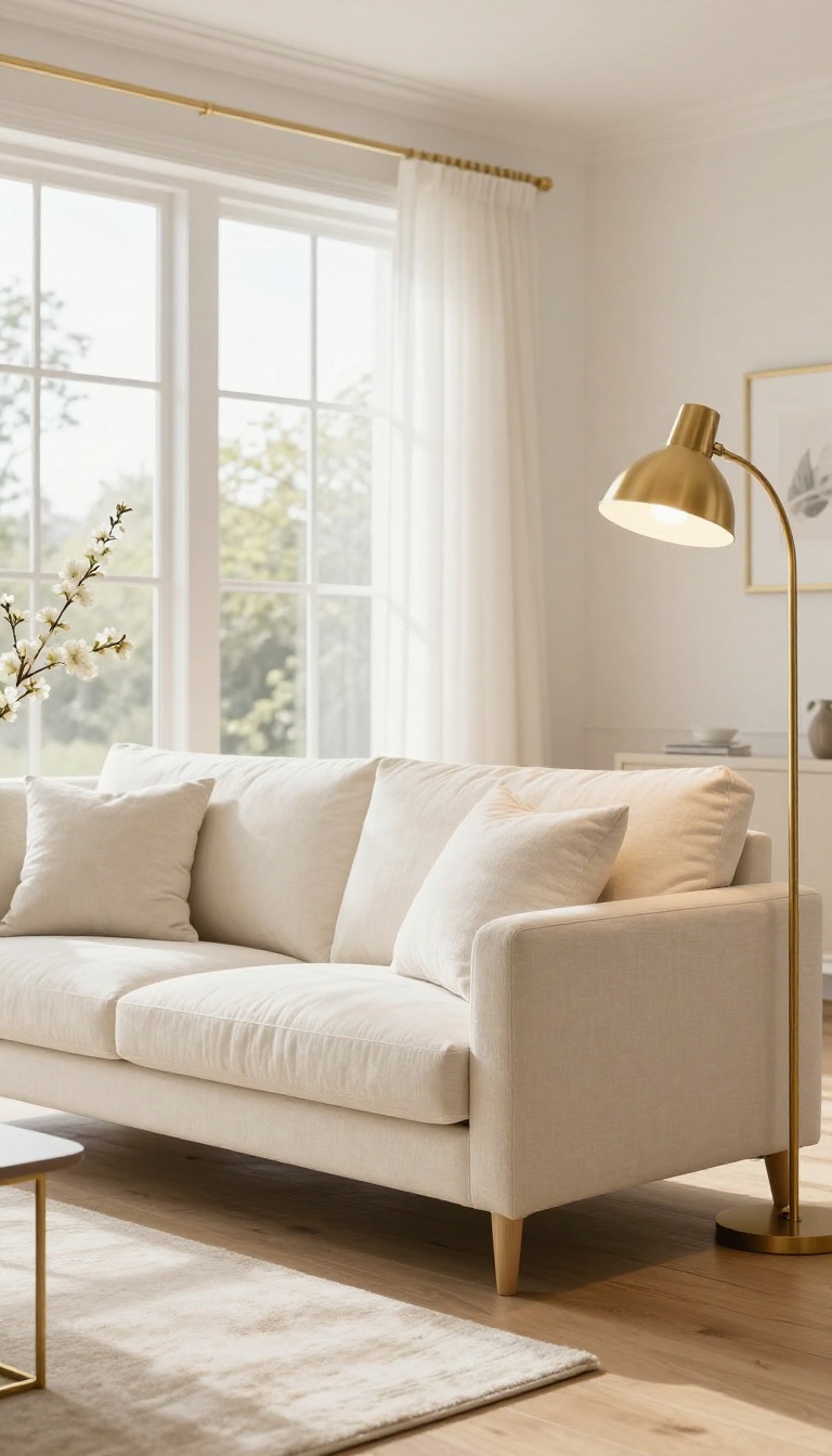 Warm white living room with cream sofa and subtle gold accents in bright natural light