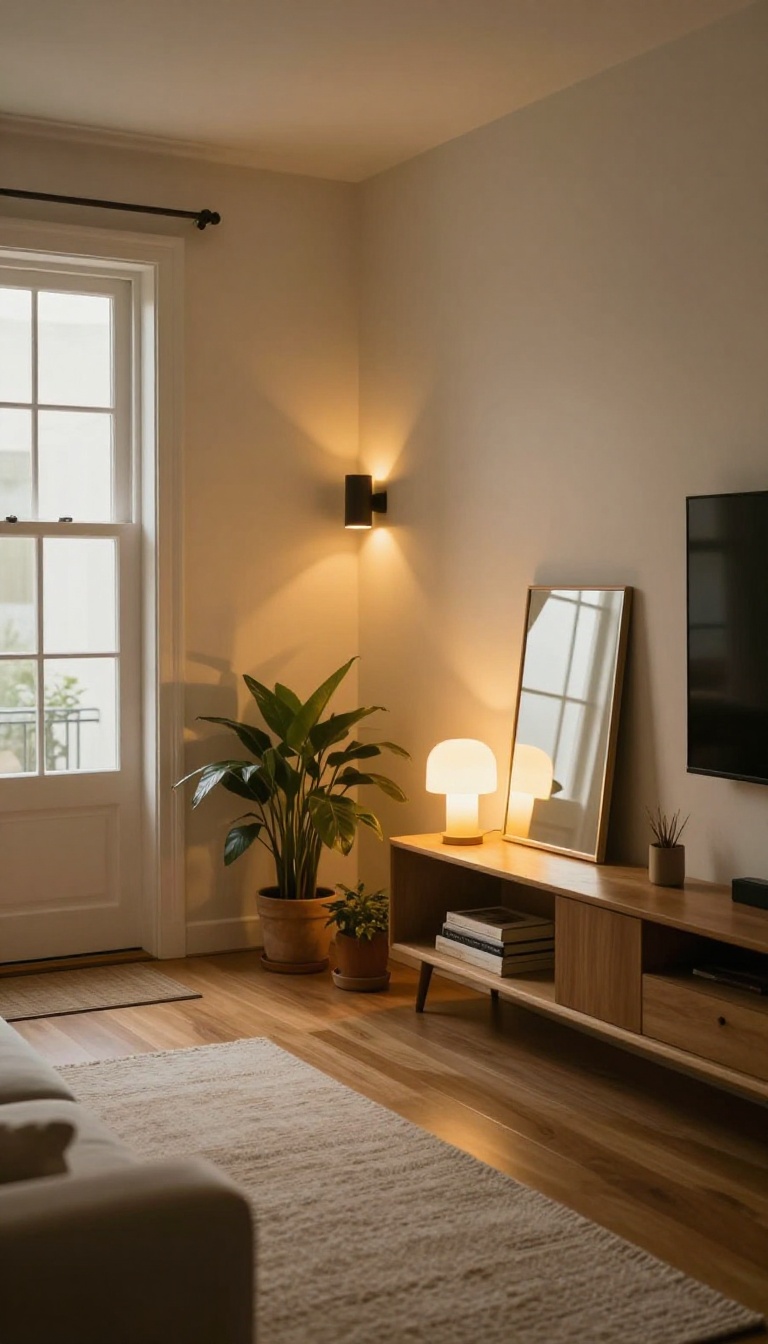 Cozy entry living room with layered lighting, including a warm table lamp, wall sconce, and floor lamp, creating soft shadows and an inviting glow