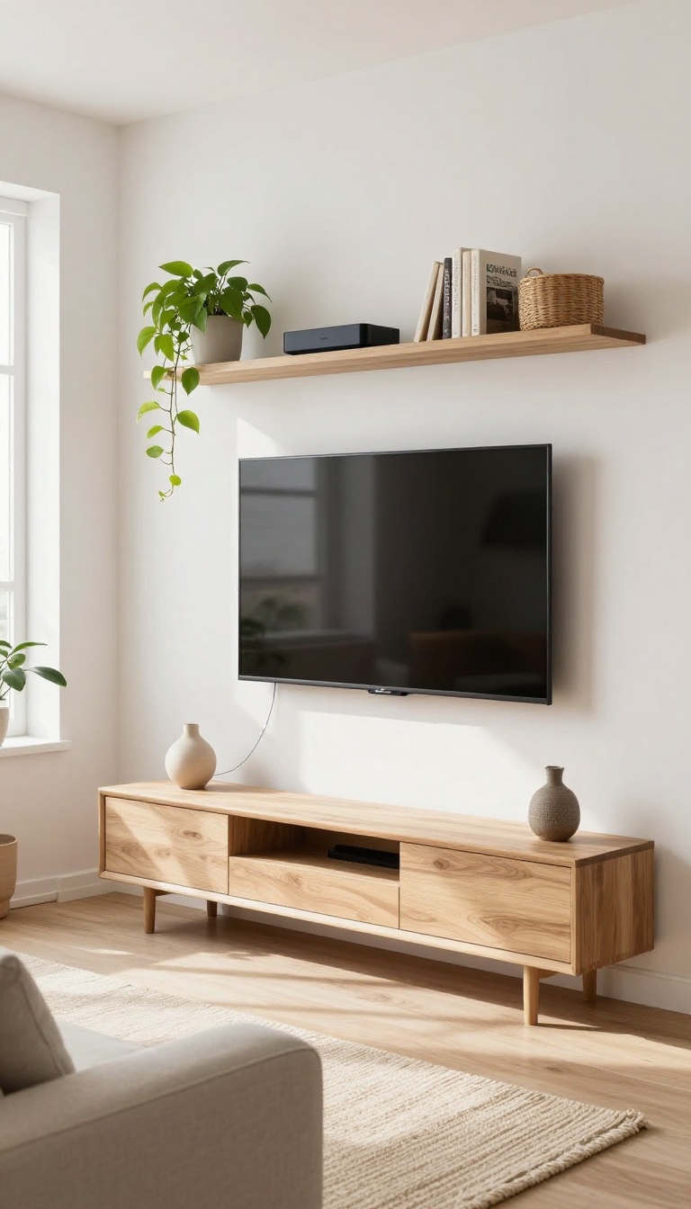 Bright living room with a wall-mounted TV flanked by light wood floating shelves and hidden cable management for a clean, cord-free look