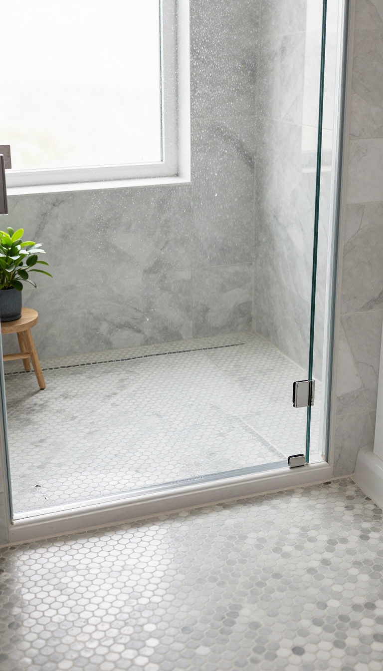 Modern master bathroom shower floor with small gray and white hexagon mosaic tiles and textured grout lines in bright natural light