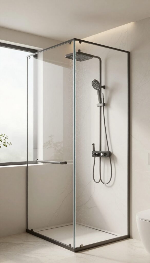 Modern bathroom with a rainfall showerhead and a digital control panel on the wall.
