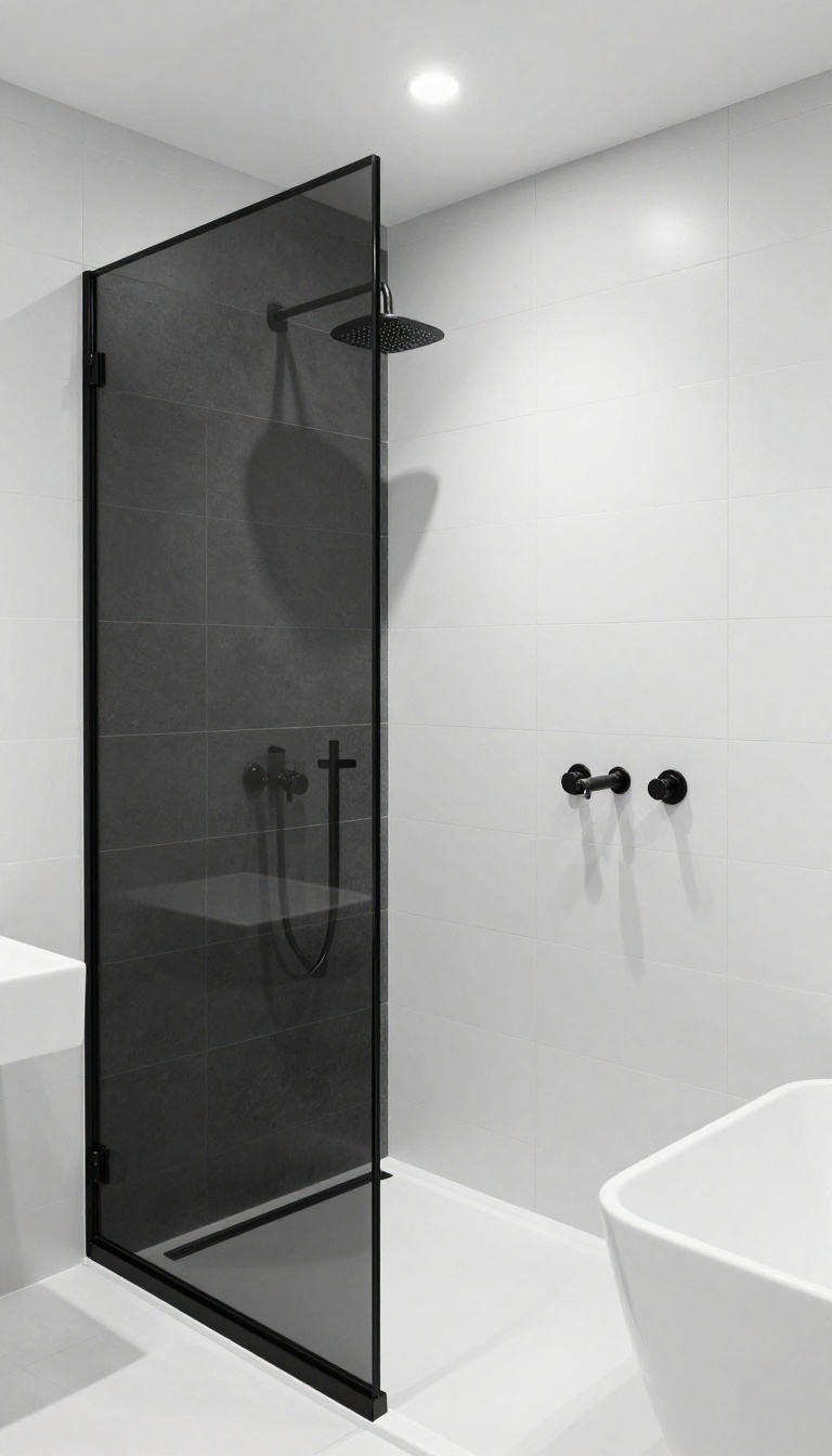 Modern black-and-white contrast shower with dark charcoal tile, matte black fixtures, and a black-framed glass door in a bright bathroom