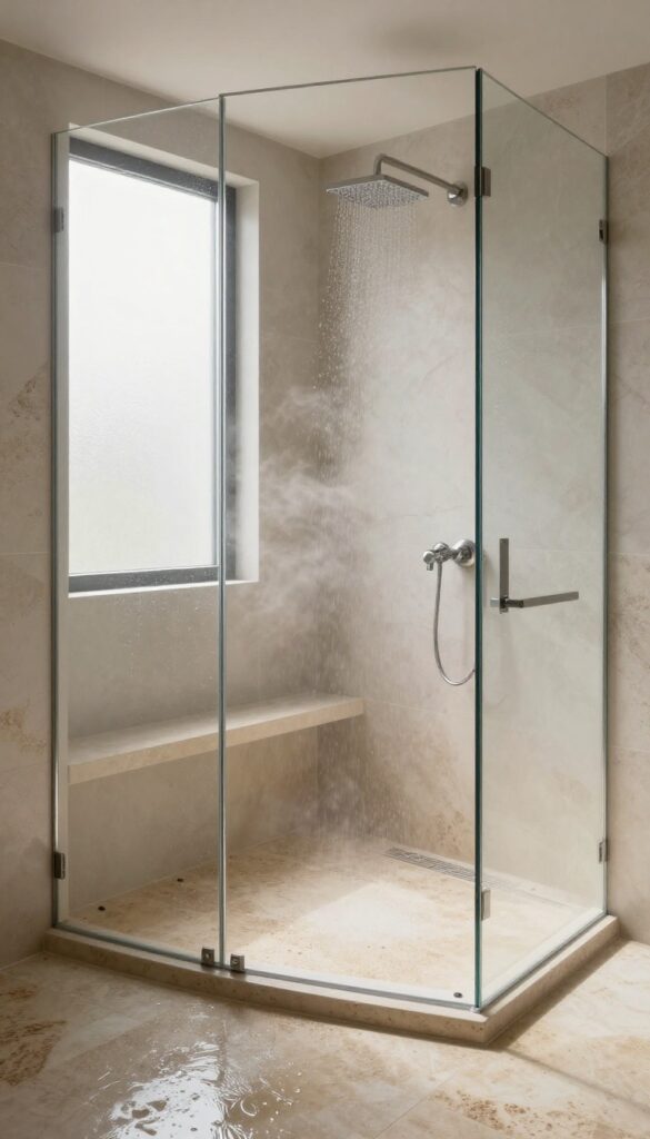 Warm, inviting no-door walk-in shower with heated stone floor, bathed in natural light.