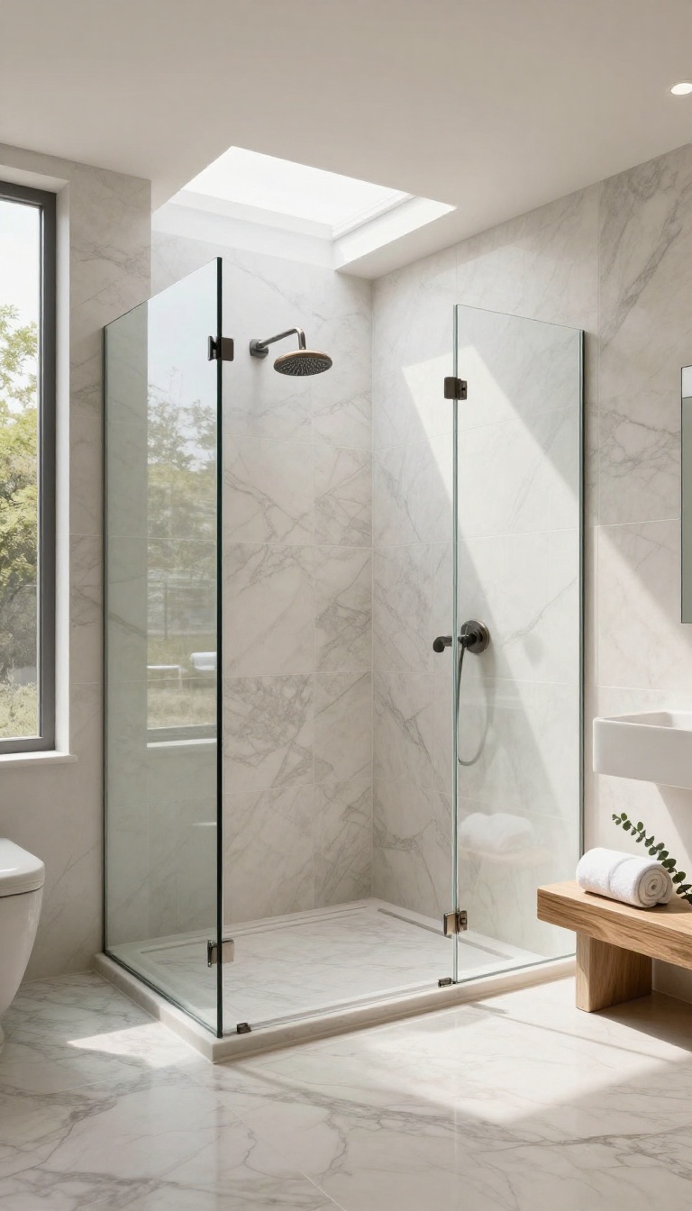 Bright master bathroom walk-in shower with a skylight above and a high privacy window, featuring marble-look tile and glass enclosure