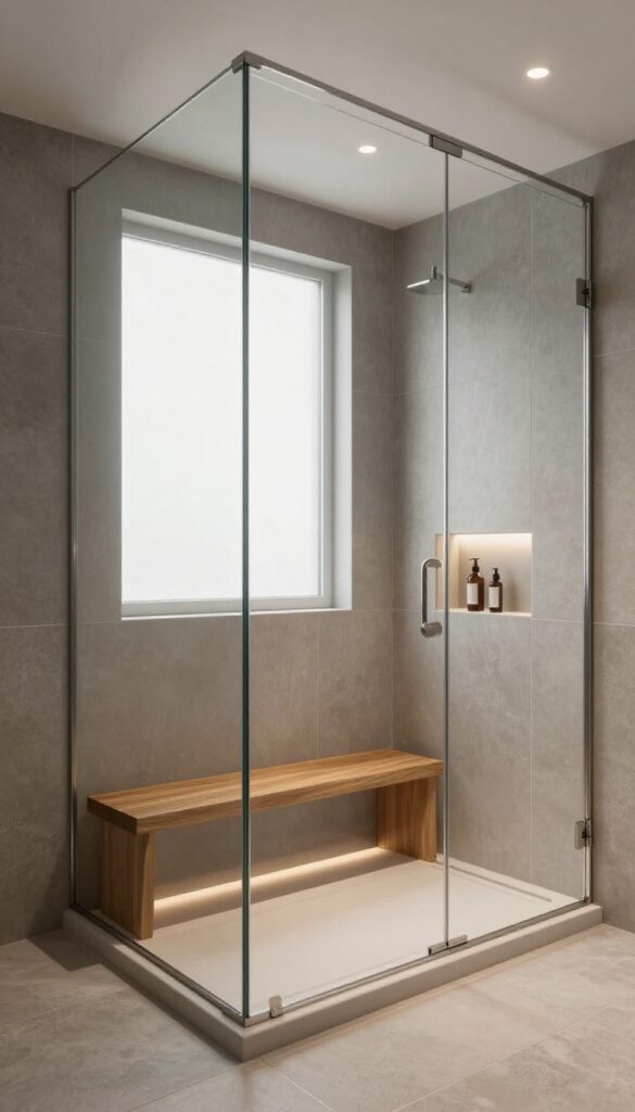 Modern large shower with integrated lighting, recessed ceiling lights, LED strip under bench, and illuminated niche, showcasing even ambient glow and safety lighting.