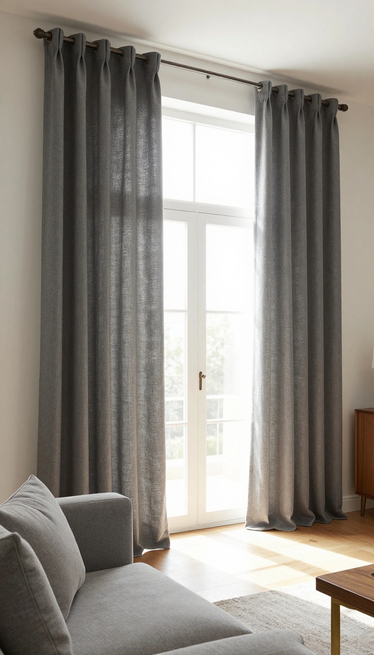 Charcoal gray linen curtains hung high and wide in a bright modern living room with a gray sofa and brass accents