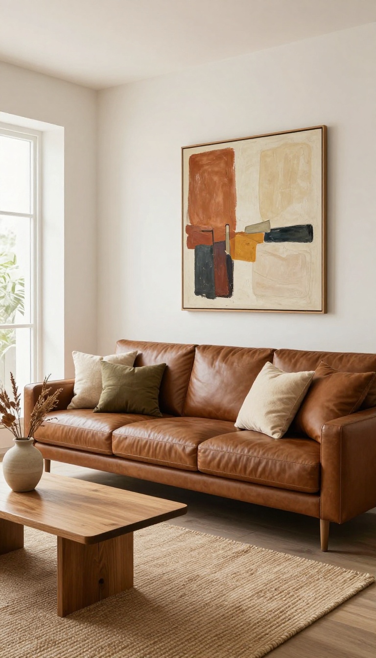 Chocolate brown leather couch in a bright living room with a large warm-toned abstract painting above it, styled with earthy pillows and natural light