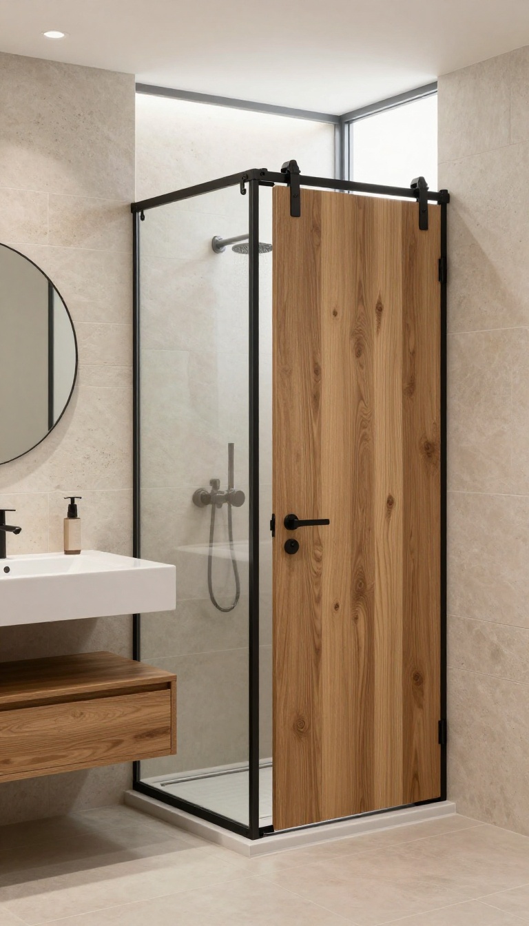 Modern bathroom with a teak barn door shower enclosure, partially open, showing a walk-in shower with rainfall showerhead and stone tiles.