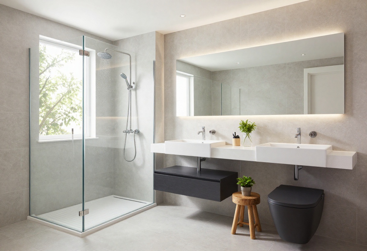 Modern toilet and shower room with glass shower, floating vanity, and matte black fixtures
