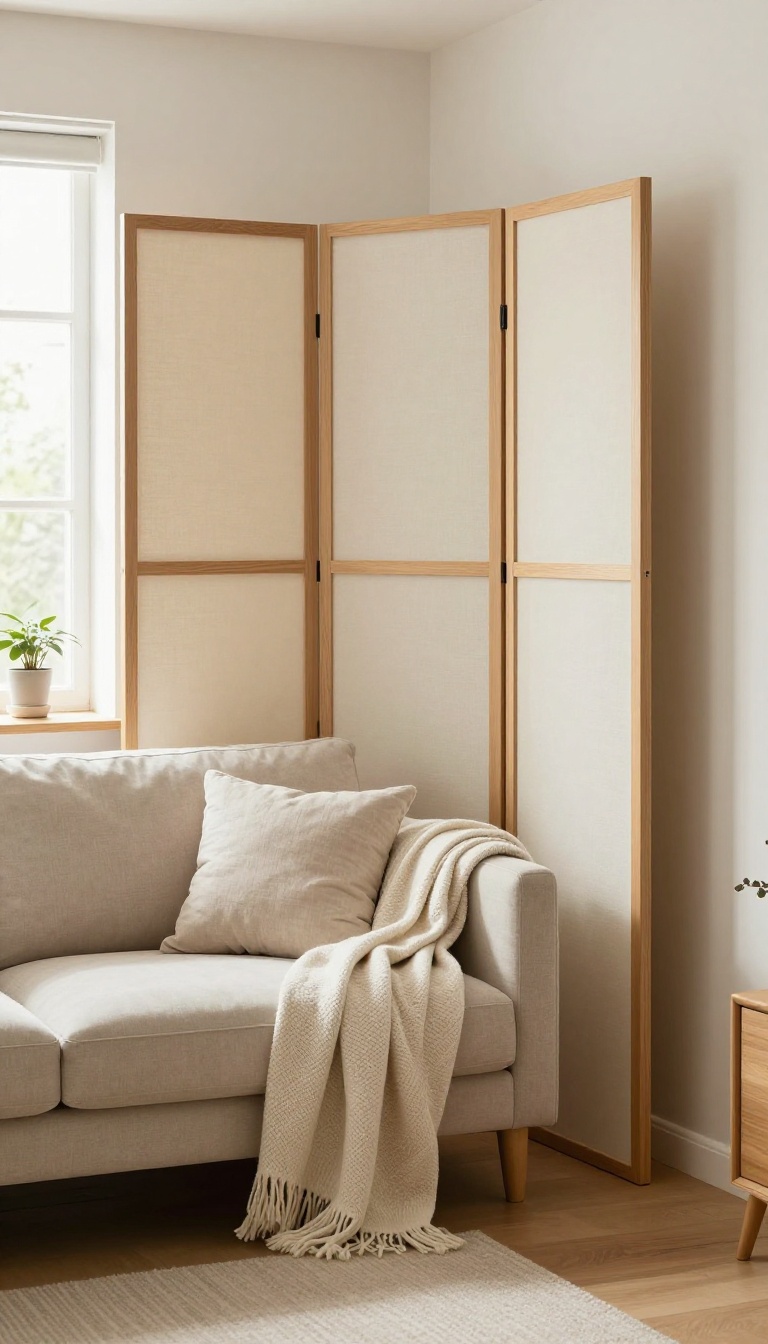 Cozy small living room corner softly divided by a folding screen, separating a snug sofa area from a compact desk nook in bright natural light