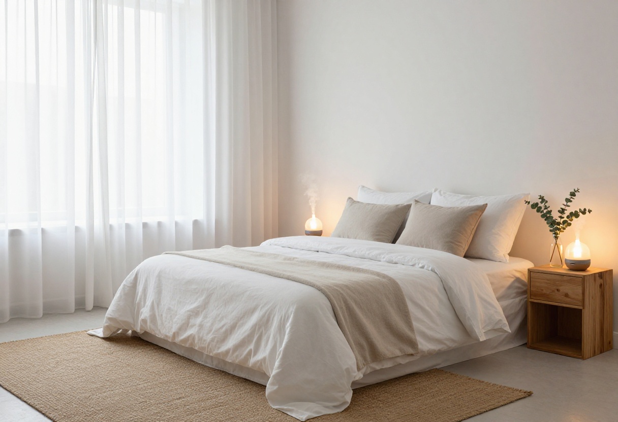 A calm, spa-like bedroom with soft neutral bedding, warm lighting, and natural textures.