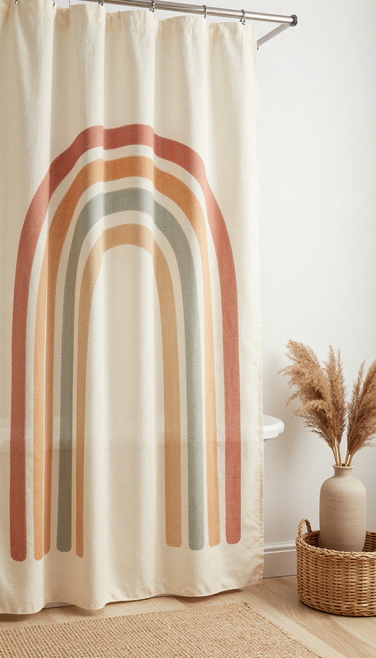 Boho bathroom with a muted earthy rainbow and arch print shower curtain in terracotta, mustard, sage, and dusty rose, styled with a jute rug and woven basket in bright natural light