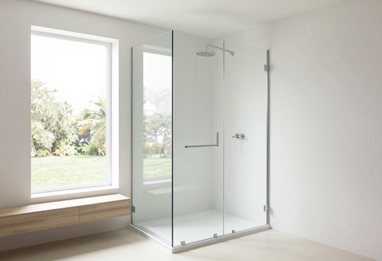 Modern bathroom with a frameless glass shower door and rainfall showerhead