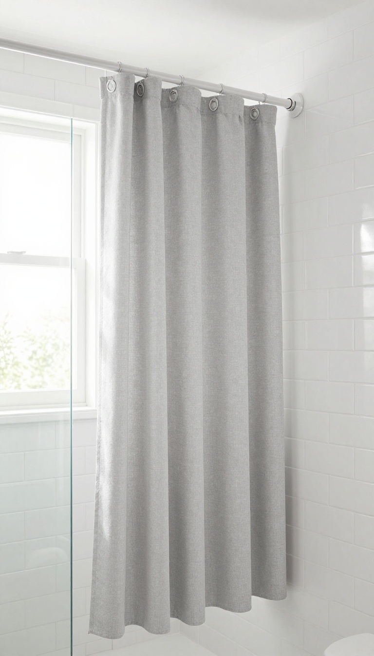Modern bathroom with a spring-loaded tension shower curtain rod with flanges, holding a light gray fabric curtain securely.