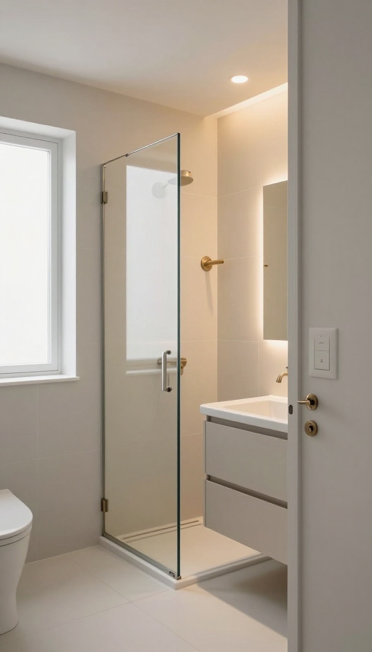 Modern bathroom with zoned lighting where the glass shower stall is lit by a recessed ceiling light while the vanity area remains dim, showing separate switch control