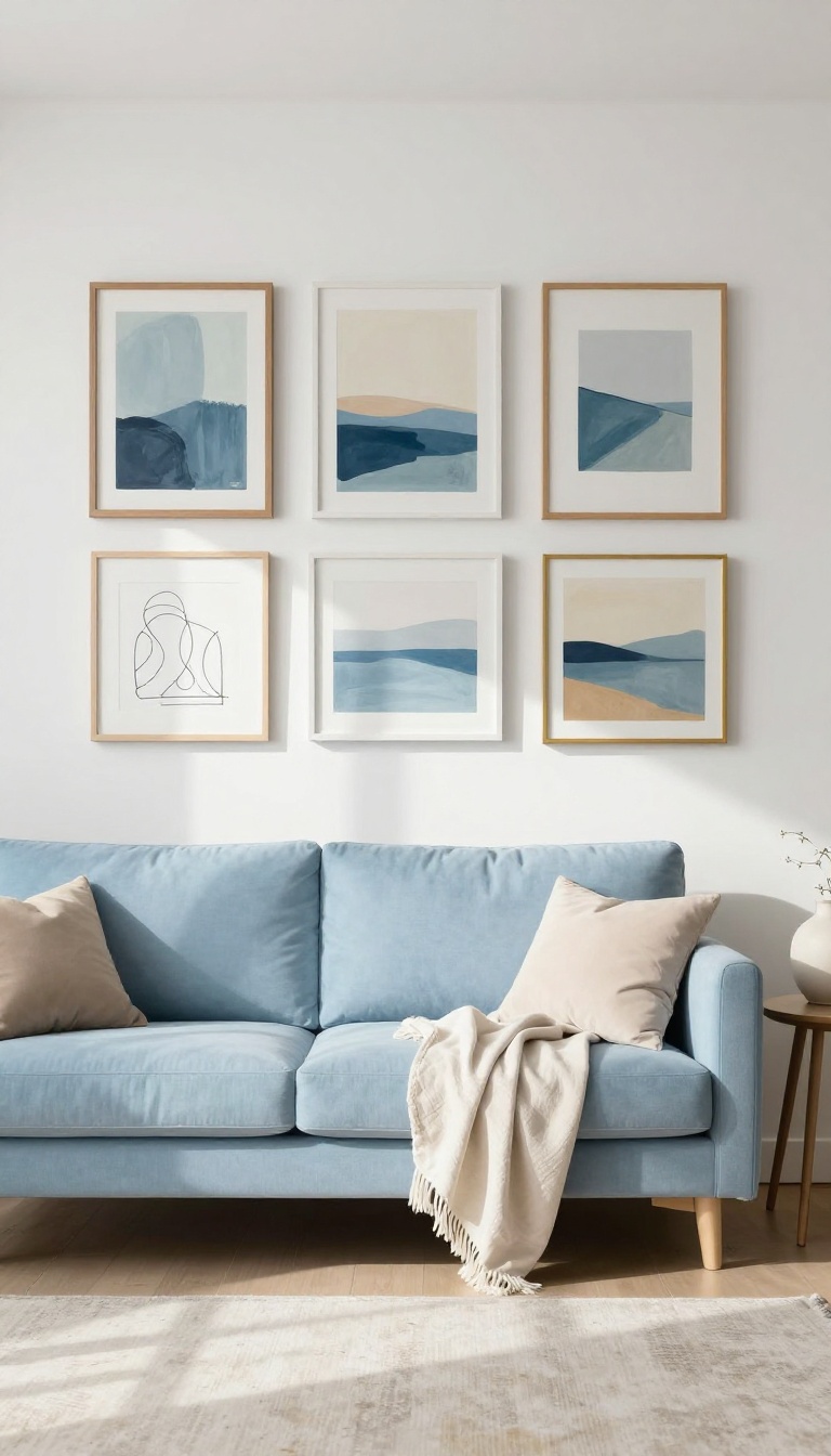 Light blue couch in a bright living room with a gallery wall of soft blue, white, and sandy neutral framed art above it.