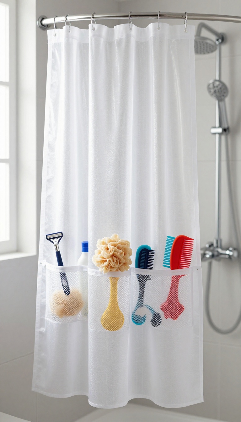 Small bright shower with a fabric curtain featuring built-in mesh pockets holding a razor, loofah, travel bottle, comb, and kids' bath toys