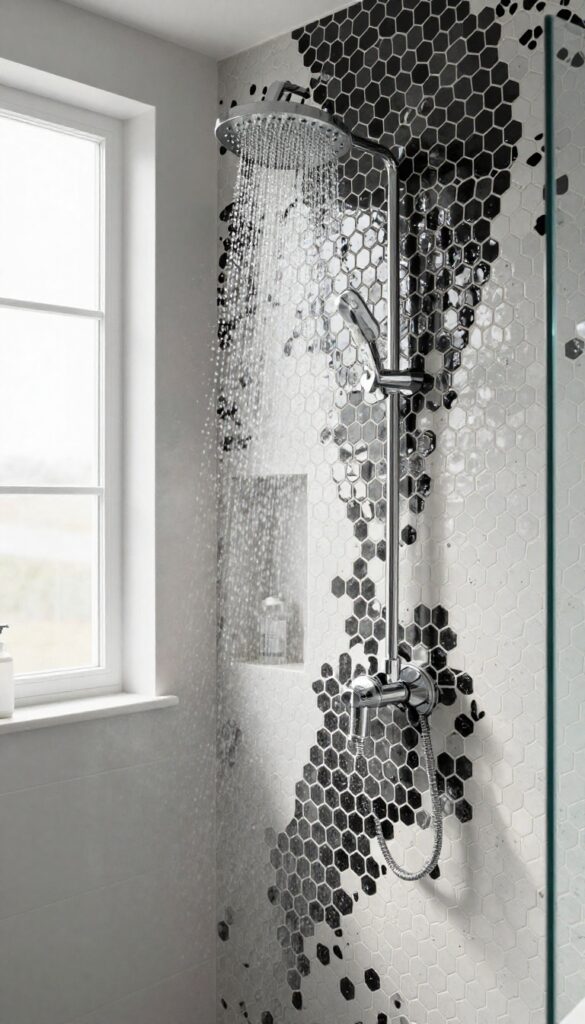 Modern shower with black and white hexagonal tiles in a random mix, creating a dynamic geometric pattern