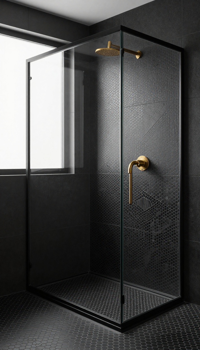 Modern shower with subtle patterned black hexagon floor tile and matte black walls in bright natural light