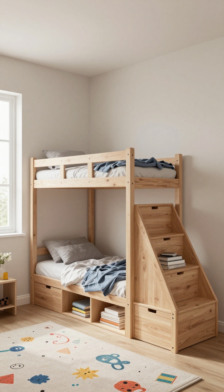 Boys loft bed with storage stairs featuring built-in drawers and cubbies in a bright bedroom