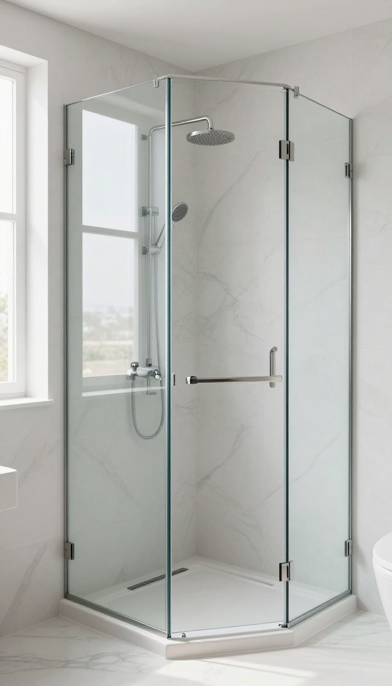 Frameless glass quadrant shower enclosure in a bright modern bathroom corner with large marble tiles and natural light