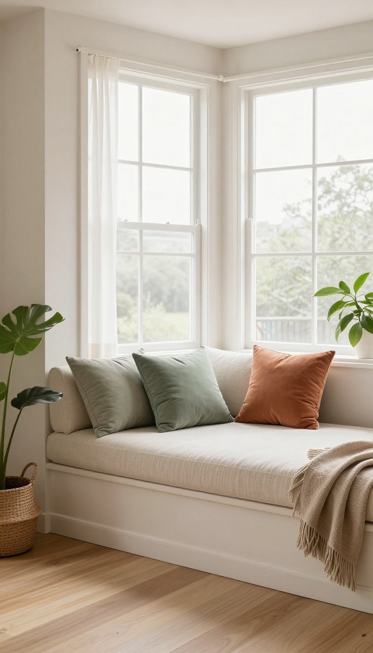 Curved window seat built into an arched bay window with cylindrical bolster pillows in a bright living room