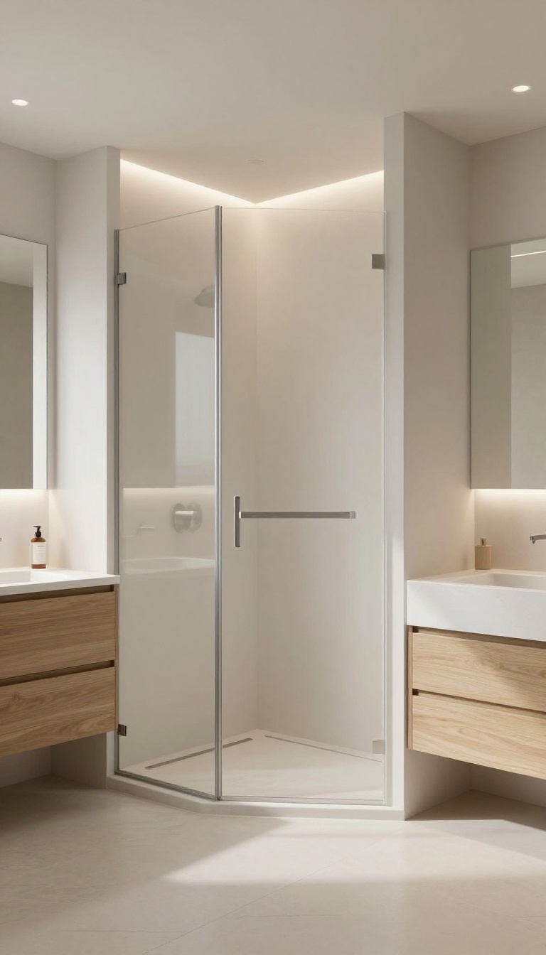Modern bathroom with a curbless shower and glowing LED strip light embedded in the threshold