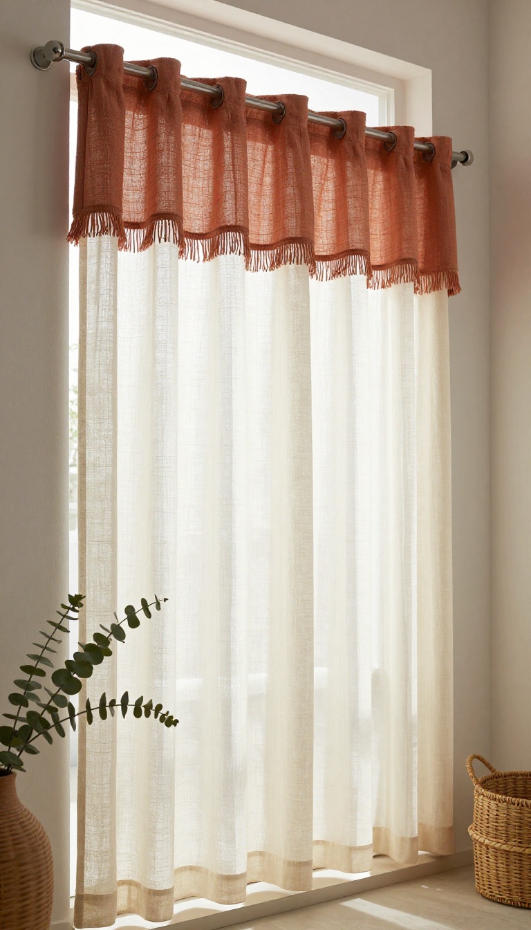 Bright boho bathroom window with layered cream linen shower curtain, sheer overlay, and terracotta fringed valance in natural light