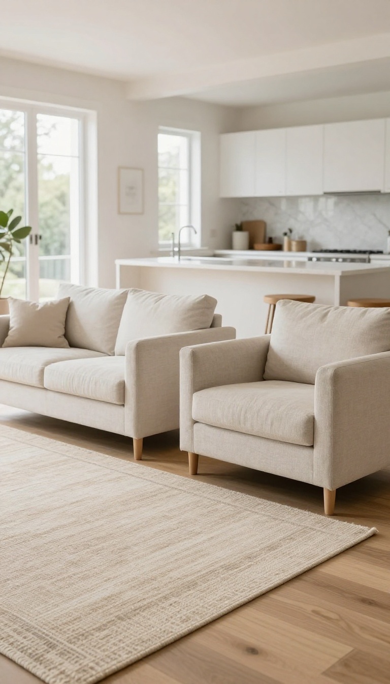 Bright open-concept living room and kitchen with a large low-pile area rug defining the seating zone beside a strip of bare wood floor