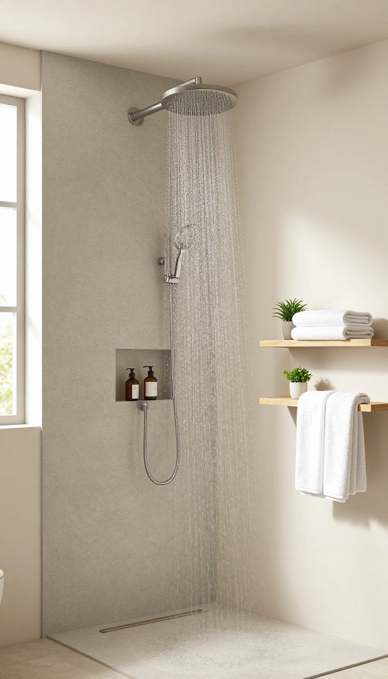 Spa-style rainfall shower with a stone accent wall, high-mounted shower head, and warm wood floating shelves in a bright bathroom