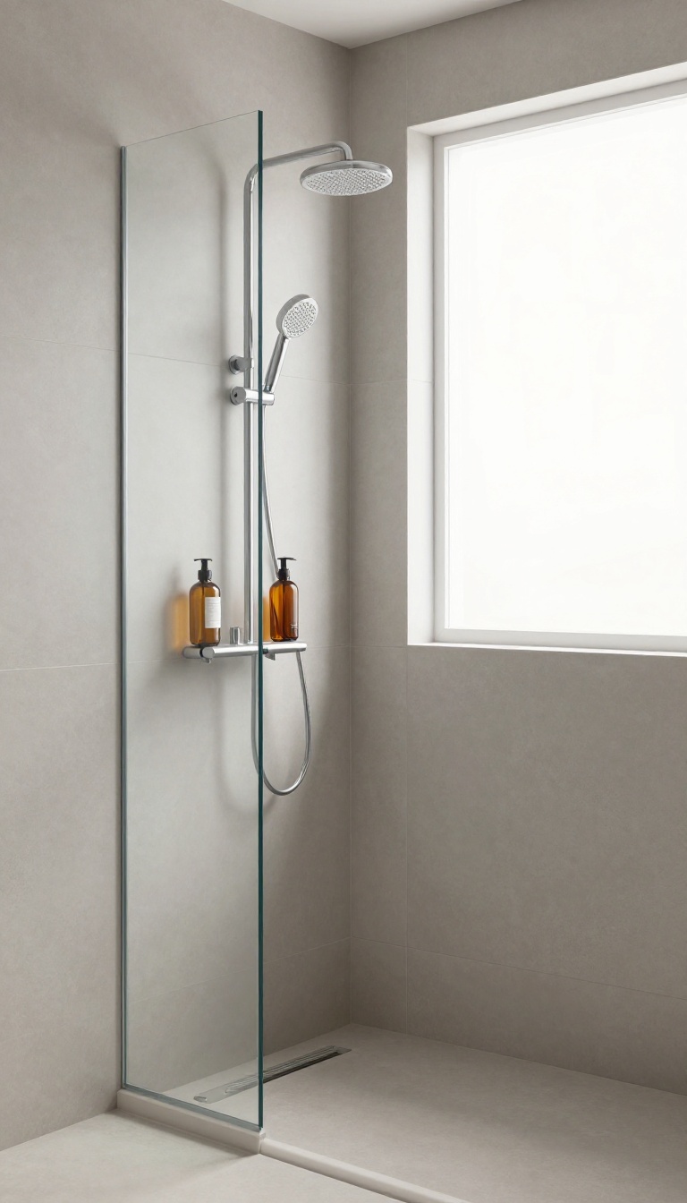 Small corner shower with a built-in tile niche holding shampoo bottles, showcasing smart storage in a compact bathroom.