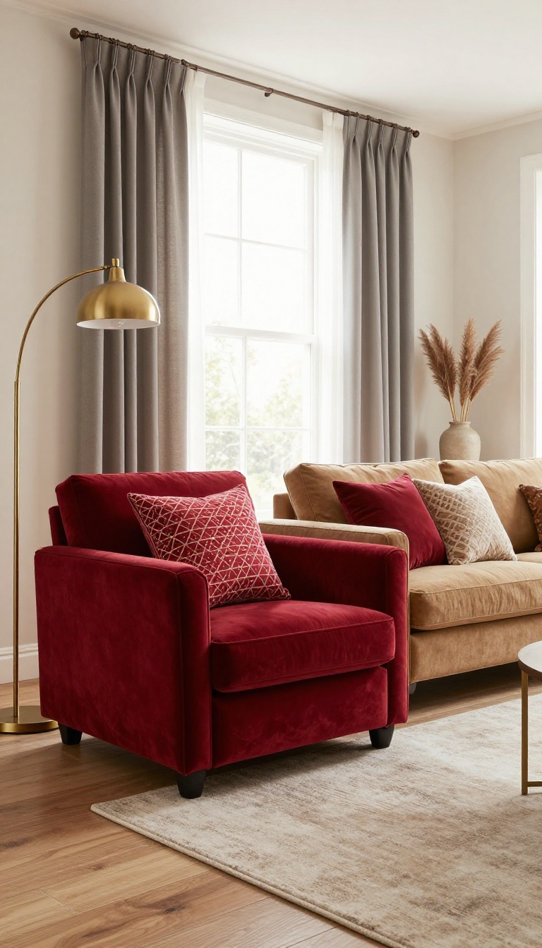 Warm neutral living room with cream walls, tan linen sofa, and a deep red velvet armchair as the focal accent