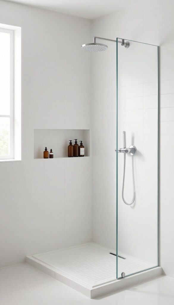 Bright shower with a classic tile bench and matching built-in niche for storage.