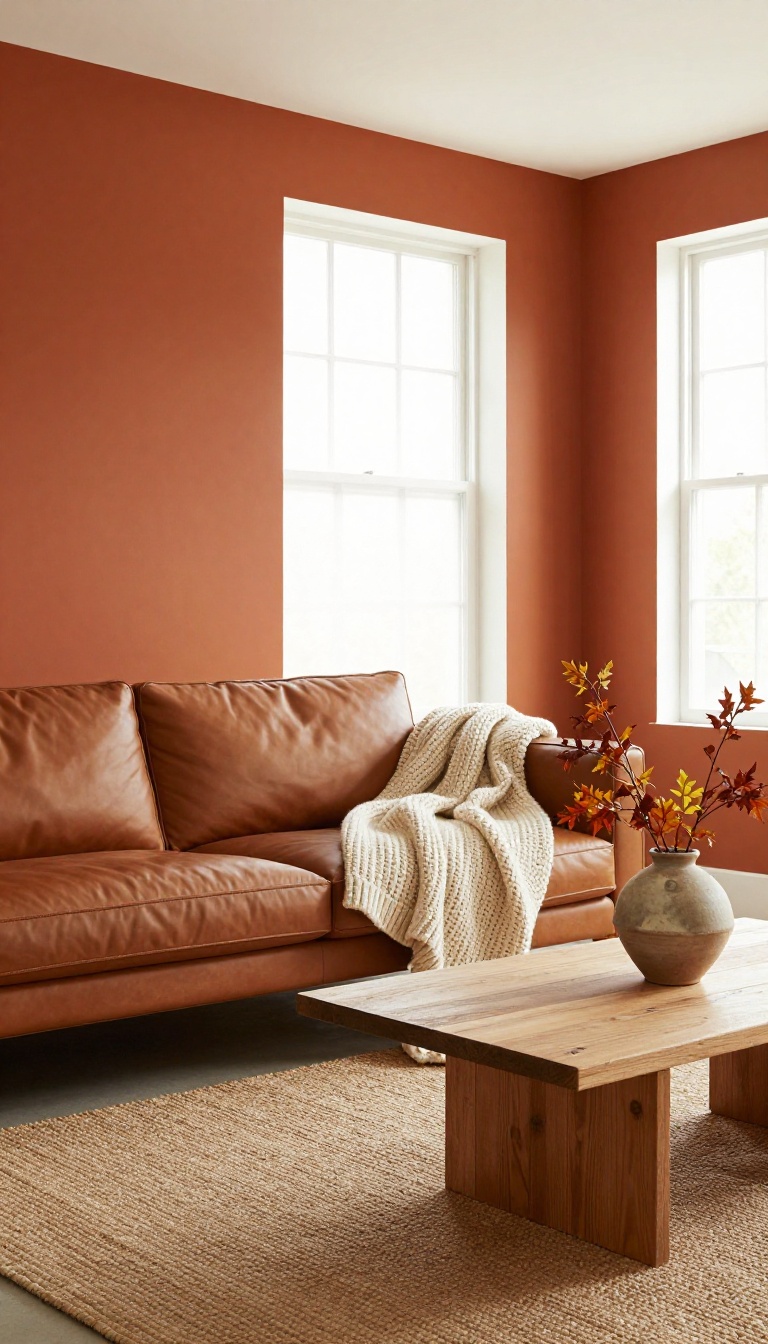 Cozy living room with burnt orange accent wall, leather sofa, chunky knit throw, jute rug, and wooden coffee table in bright natural light.