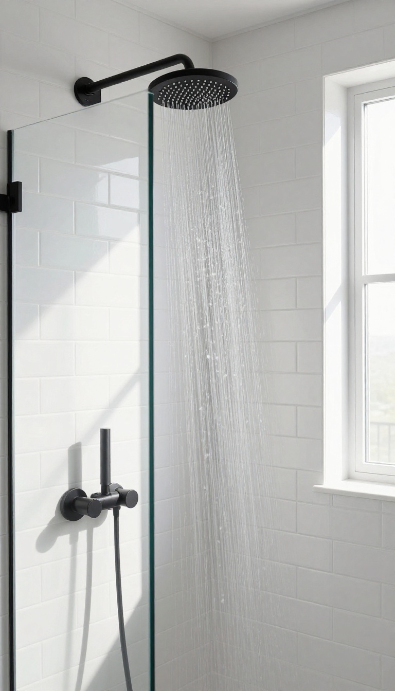 Walk-in shower with matte black fixtures on white subway tile