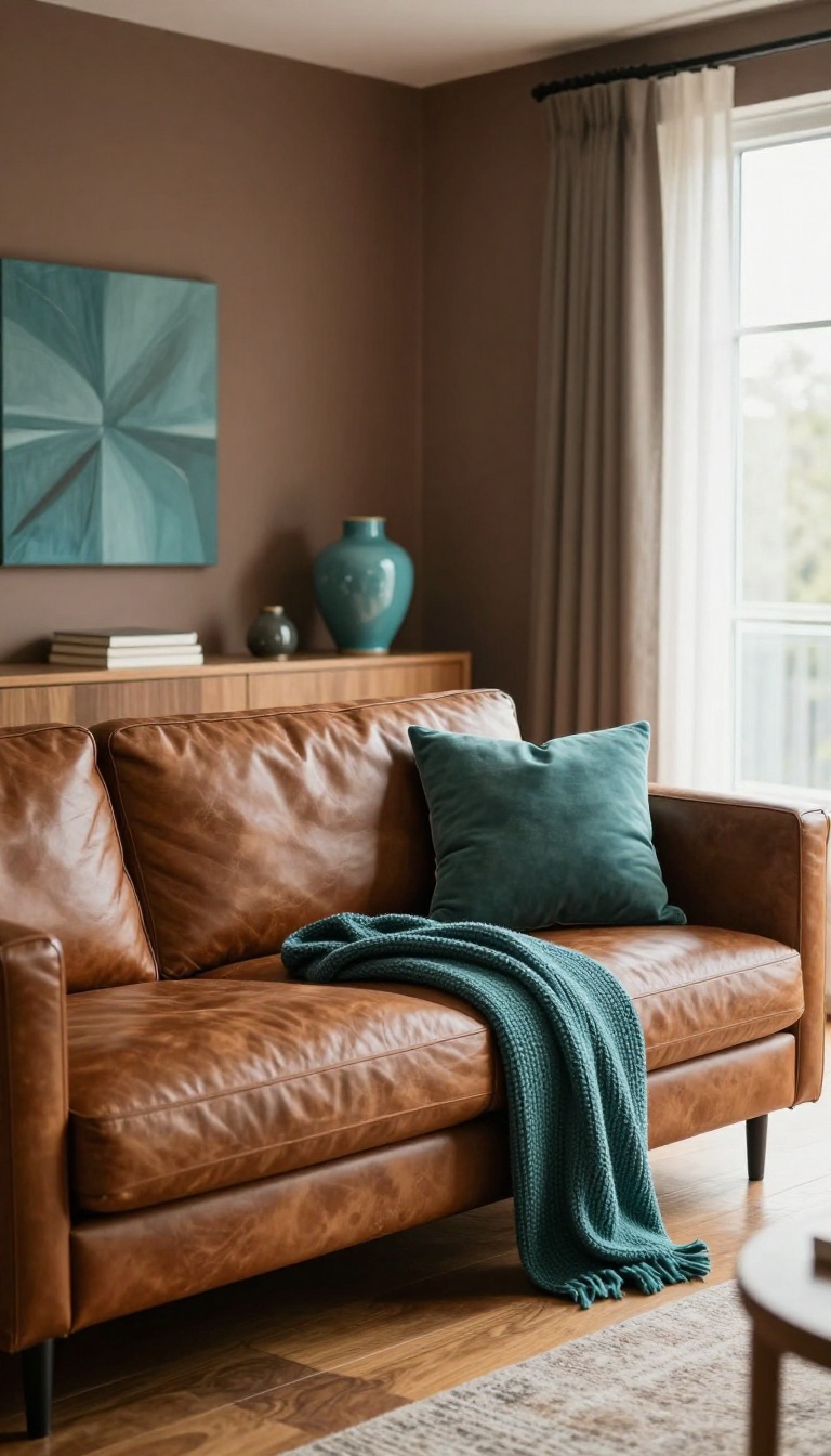 Warm modern living room with chocolate brown walls and leather sofa accented by teal pillows, lamp, and throw in bright natural light
