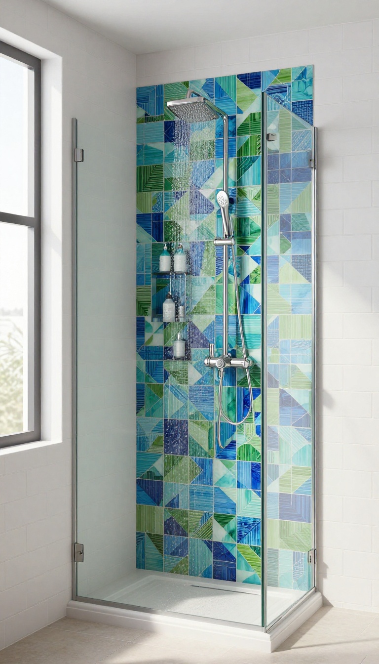 Small shower with a colorful mosaic accent wall and neutral tiles