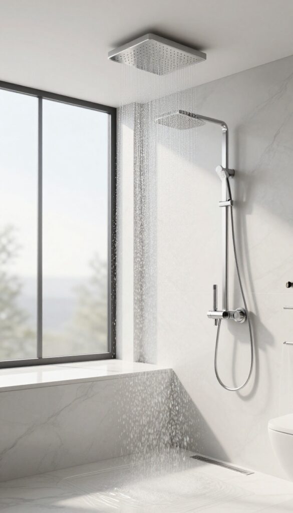 Ceiling-mounted rain showerhead in a modern bathroom with water falling straight down, creating a spa-like experience