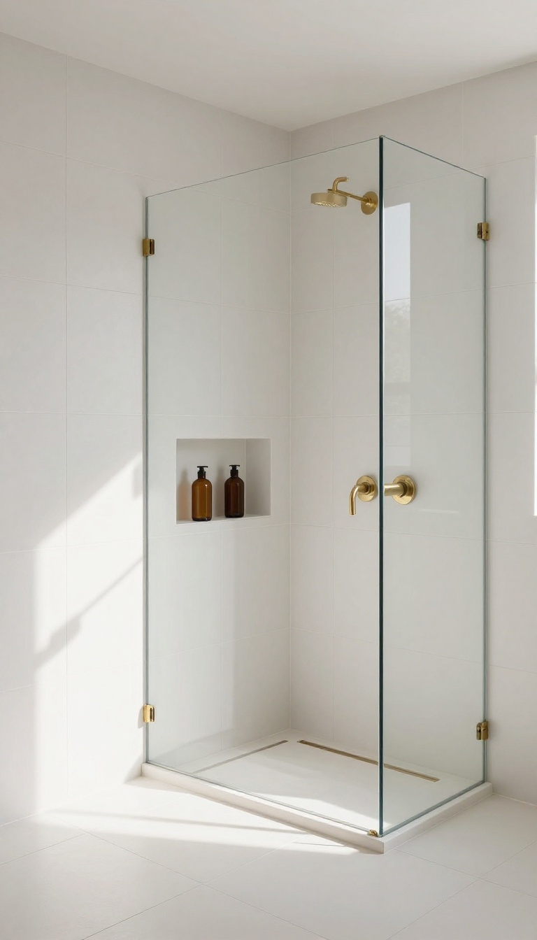 Bright modern bathroom shower with large-format white tile running from floor to ceiling over a tiled knee wall for a seamless look